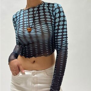 Blue Polka Dot Mesh Cropped Long Sleeve